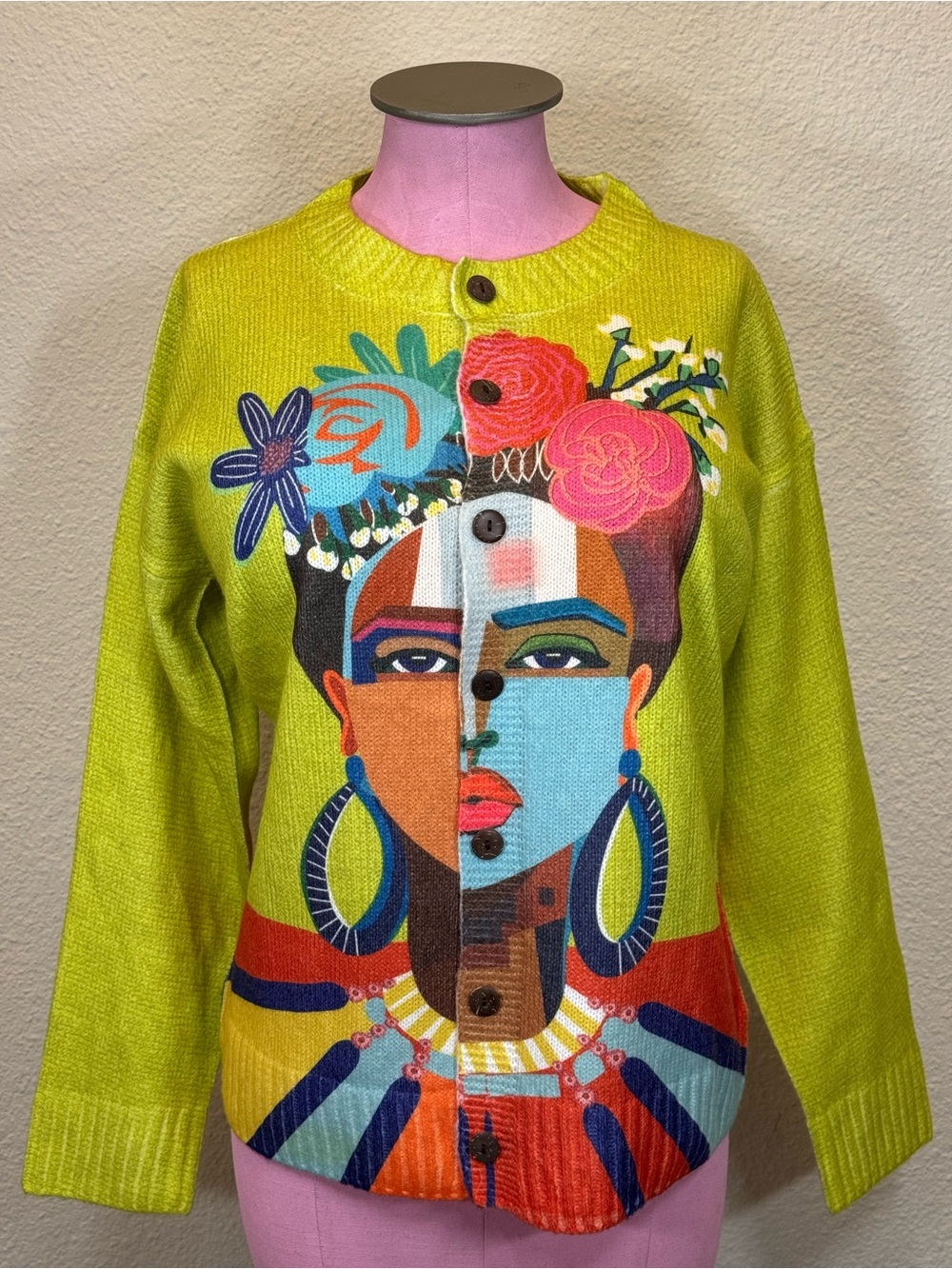 Colorful Art Knit Sweater XL Abstract Face Floral Wearable Art Statement